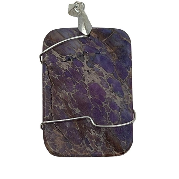 Wire Wrapped Stone‎ Pendant Pink Purple Jasper Silver Tone - Picture 6 of 7